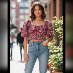 Japna Women's Floral Smocked Crop  puff sleeve top Top Blouse Size M